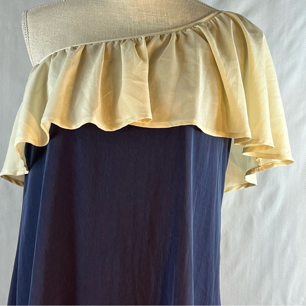 Basically Me  Mini Dress Navy Blue One Shoulder Cream Ruffle Neckline L - Picture 8 of 8